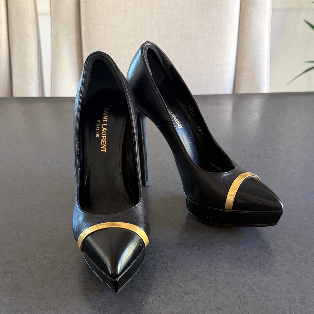 💯 AUTHENTIC Saint Laurent Black Platform Heels with Gold Trim Black Size 38.5